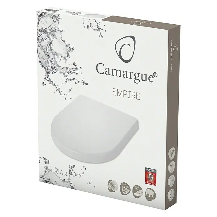 Camargue Empire WC-Sitz - Duroplast, Weiß, Mit Absenkautomatik - Verpackung des Camargue Empire WC-Sitzes. Der Sitz ist weiß und hat eine abgerundete Form.
