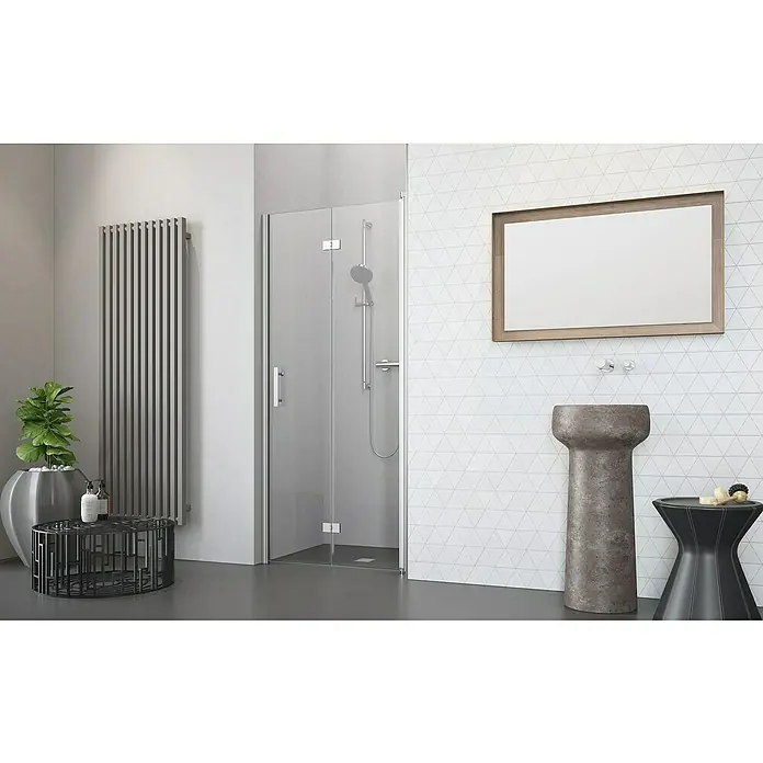 Camargue Vario Nischendusche S52+S9 - 80 x 195 cm, Beschichtet, Silber, 6 mm - Badezimmer mit stilvoller Duschkabine, modernem Heizkörper und einem einzigartigen Waschtischbereich. Elegantes Design für ein entspannendes Ambiente.