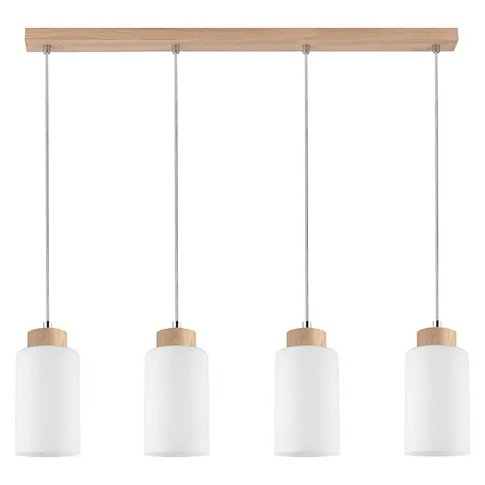 Spotlight Pendelleuchte Bosco60 W, L x B x H: 75 x 9,5 x 110 cm, Geölte Eiche/Transparent/Weiß, E27 - Moderne Pendelleuchte mit vier Lampen. Das Design kombiniert Holz und Glas für ein elegantes Erscheinungsbild. Ideal für Esszimmer oder Wohnbereiche.