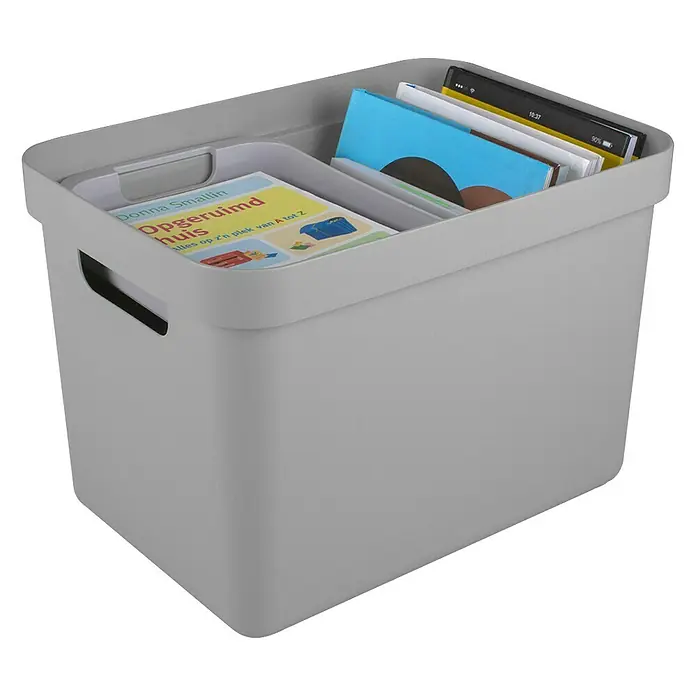 Sunware Aufbewahrungsbox Sigma Home - L x B x H: 35 x 24,6 x 24,3 cm, Kunststoff, Hellgrau - Grauer Aufbewahrungskorb aus Kunststoff mit Griffen und Büchern, ideal für die Organisation von Spielzeug und anderen Gegenständen.