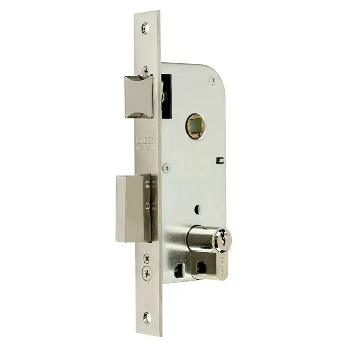MCM Cerradura de embutir 1301 sin cilindro - L x An: 195 x 23 mm, Niquelado, Anchura placa: 40 mm - Un primer plano de una cerradura de embutir MCM de alta calidad fabricada en España, que combina seguridad robusta y diseño elegante para puertas.