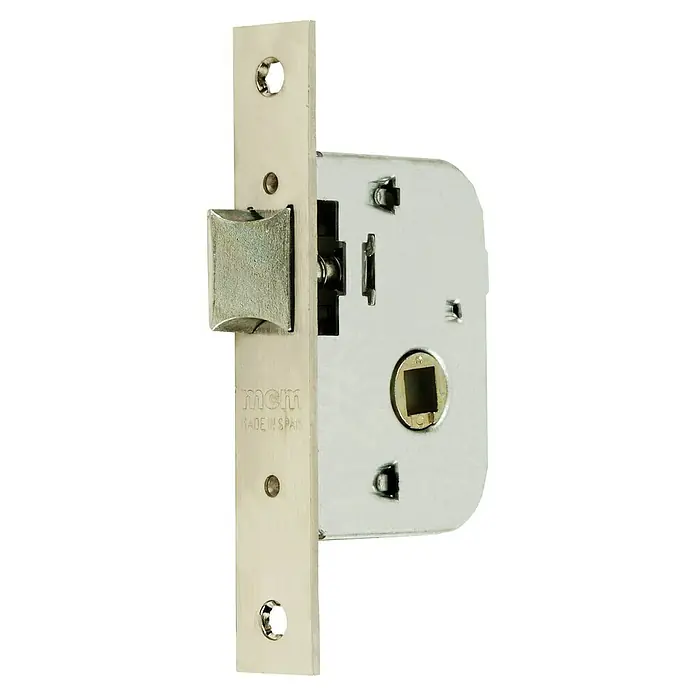 MCM Resbalón 1510-1-45 - L x An: 120 x 20 mm, Acero, Anchura placa: 40 mm - Una cerradura de puerta con una placa frontal plateada con la etiqueta "MCM MADE IN SPAIN", prometiendo calidad y diseño.