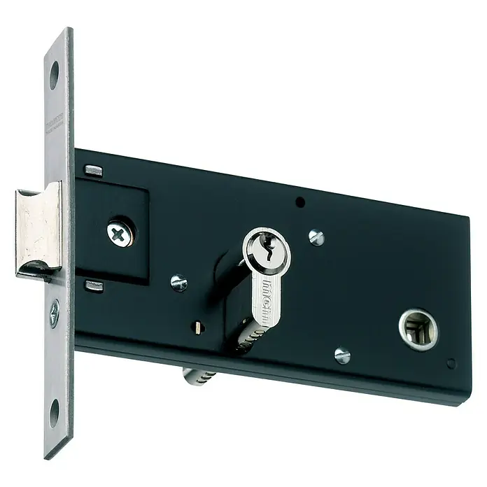 MCM Cerradura de embutir 1560 - An x Al: 143 x 136,5 mm, Puerta de metal - Primer plano de una cerradura de puerta negra con un cerrojo y un ojo de cerradura plateados, que brinda seguridad y protección para su hogar.