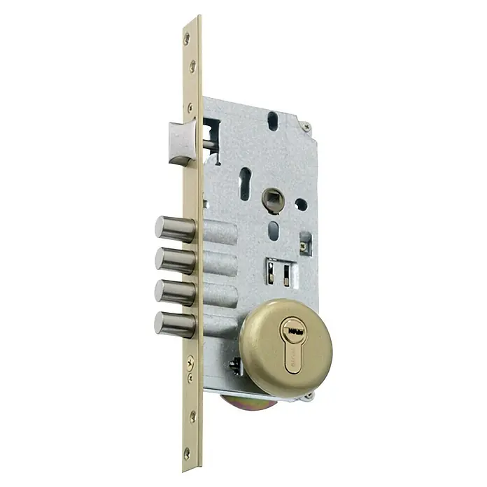 MCM Cerradura de embutir 701M - L x An: 270 x 23 mm, Oro, Anchura placa: 50 mm - Cerradura de puerta de alta seguridad con múltiples puntos de cierre para mayor seguridad. Diseño robusto para protección confiable.