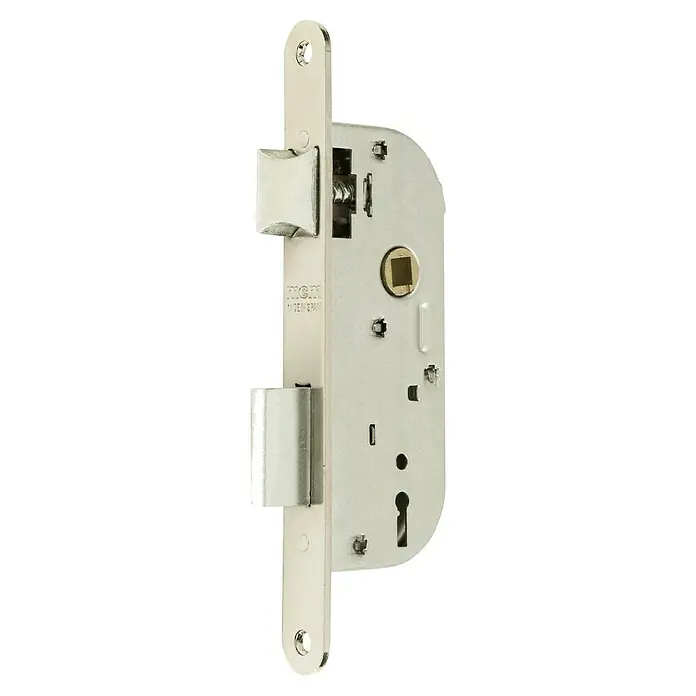 MCM Cerradura de embutir 1308 - L x An: 195 x 20 mm, Baño de latón, Anchura placa: 40 mm - Una cerradura de puerta MCM plateada fabricada en España con pestillo y cerrojo. Ideal para la seguridad y la protección.