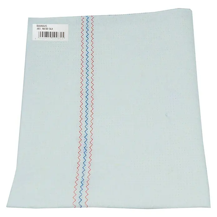 Scheuertuch - Vliesstofffaser, 55 x 50 cm - Weißes Reinigungstuch von Bauhaus mit blau-roten Ziernähten und Etikett. Ideal für die Reinigung im Haushalt und Gewerbe.