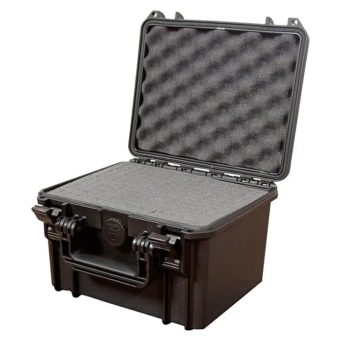 Wasserdichter Koffer MAX235 - L x B x H: 258 x 243 x 118 mm, Mit Würfelschaumstoffeinlage, Schwarz, Kunststoff - Schwarzer Schutzkoffer mit Noppenschaumstoffeinlage, ideal für sicheren Transport und Aufbewahrung empfindlicher Gegenstände.