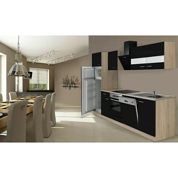 Respekta Composición de cocina Merle - Ancho: 280 cm, Negro, Con electrodomésticos, Volumen horno: 72 l - Moderna cocina y comedor con muebles negros y de madera clara, electrodomésticos de acero y una mesa de madera con sillas tapizadas.