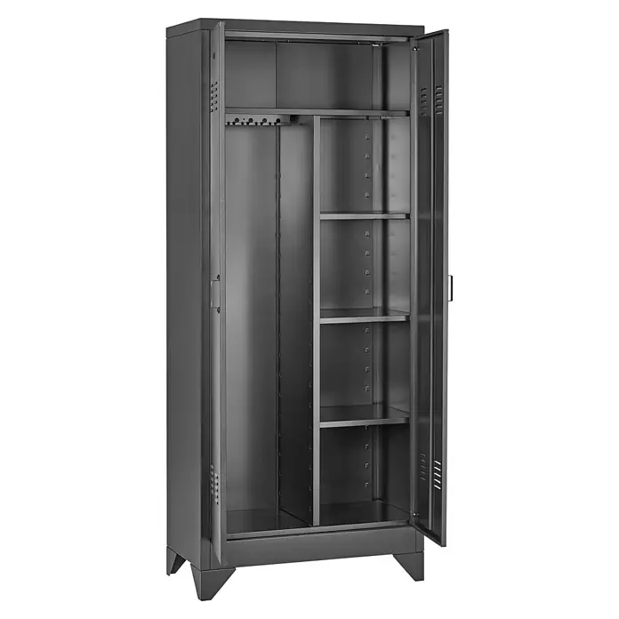 Metall-Mehrzweckschrank - L x B x H: 40 x 80 x 190 cm, Anzahl Türen: 2 Stk. - Aufnahme eines offenen, grauen Metallschranks mit Fächern und Aufhängemöglichkeit für Kleidung. Der Schrank steht vor einem schwarzen Hintergrund.