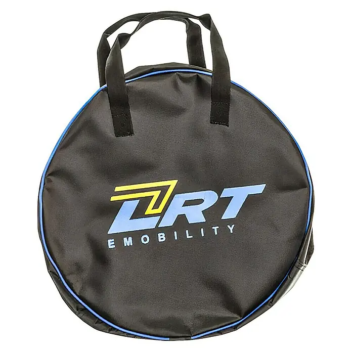 LRT Kfz-Ladekabel mit Typ 2 Stecker - 5 m - Eine schwarze runde Tasche mit blauem Rand und dem gelb-blauen Logo von ZRT EMOBILITY.