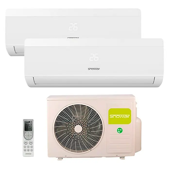 Snowair Aire acondicionado Inverter Vela 2x1 - 2.600 W, 2.800 W, 18 m² - 23 m², Blanco - Imagen de un sistema de aire acondicionado Snowair con dos unidades interiores, una exterior y un control remoto.