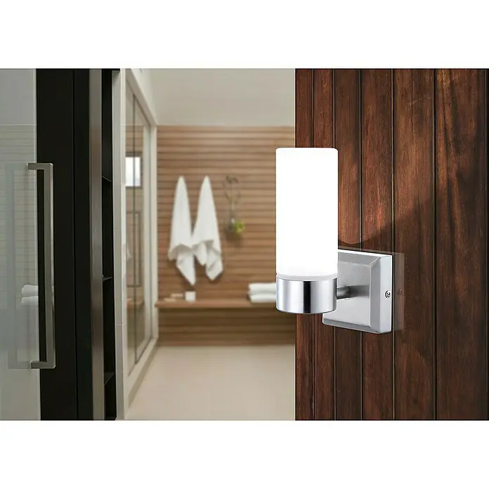 Globo Aplique de pared Space - 40 W, L x An x Al: 110 x 80 x 185 mm, Níquel mate, E14 - Elegante aplique de pared con pantalla cilíndrica de vidrio esmerilado y base metálica cepillada. Iluminación suave para un ambiente moderno.