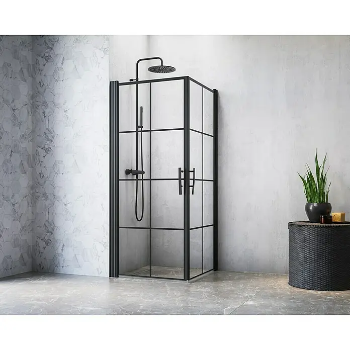 Camargue Göteborg Eckdusche G3+G3 - 90 x 90 x 202,2 cm, Beschichtet, Schwarz, Glasstärke: 6 mm, DIN Anschlag: Links/Rechts - Bild einer Duschkabine mit schwarzem Rahmen und klarem Glas in einem modernen Badezimmer.