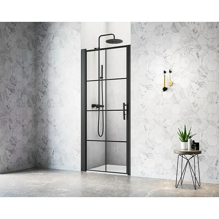 Camargue Göteborg Nischendusche G3+G9 - 90 x 202,2 cm, Beschichtet, Schwarz, 6 mm - Duschkabine mit schwarzem Rahmen und klarem Glas in modernem Badezimmer mit Marmorfliesen für ein stilvolles Ambiente.