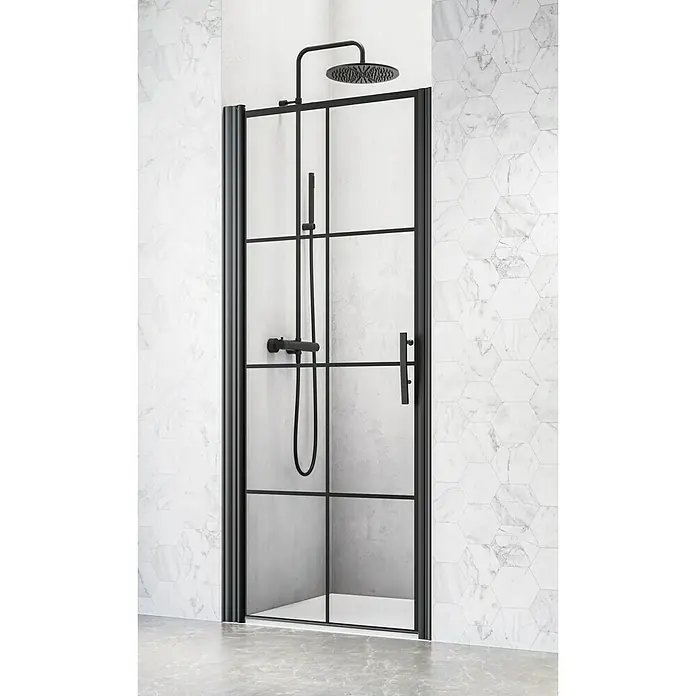 Camargue Göteborg Nischendusche G3+G9 - 90 x 202,2 cm, Beschichtet, Schwarz, 6 mm - Bild einer stilvollen, mattschwarzen Duschkabine mit klaren Glaspaneelen und einem modernen, industriellen Design.