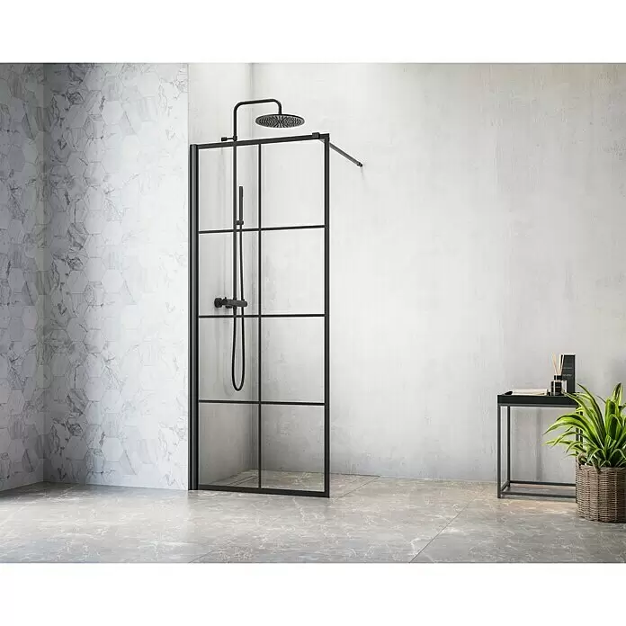 Camargue Göteborg Duschwand G7 - B x H: 90 x 200 cm, Beschichtet, Schwarz - Schwarz gerahmte Duschwand mit Klarglas und passender schwarzer Brause und Armatur in einem modernen Bad.