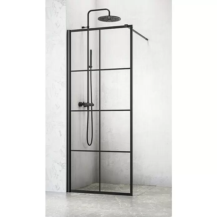Camargue Göteborg Duschwand G7 - B x H: 90 x 200 cm, Beschichtet, Schwarz - Schwarz gerahmte Walk-in-Duschkabine mit passendem schwarzem Duschsystem in einem modernen Badezimmer.
