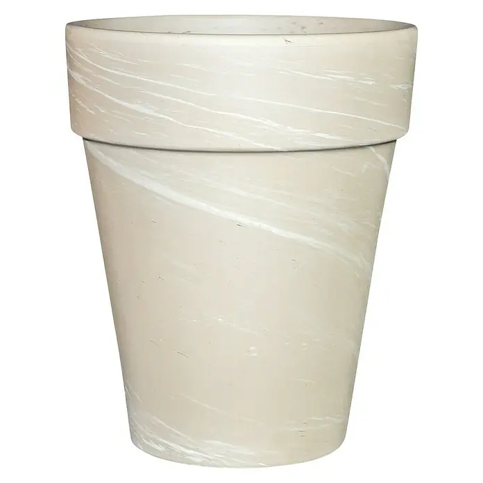 Pflanztopf - Außenmaß (Ø x H): 38 x 45 cm, Naturmaterialien, Granit - Nahaufnahme eines cremefarbenen Pflanzgefäßes mit einem wirbelartigen Marmormuster. Das Pflanzgefäß hat eine zylindrische Form mit einer breiten Krempe oben.