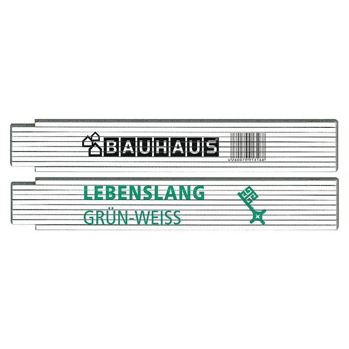 BAUHAUS Zollstock Bremen Modell 400 - Länge: 2 m - Ein Zollstock von Bauhaus, mit dem Aufdruck "Lebenslang Grün-Weiss" und einem grünem Kleeblatt, für präzise Messungen in Haus und Garten.