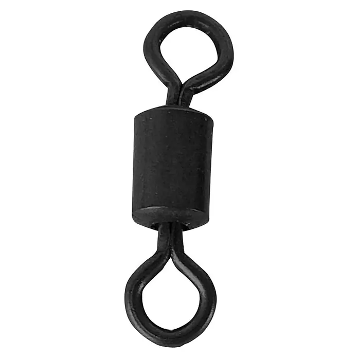 Westline Carp Rolling Swivel - 10 Stk. - Ein schwarzer Angelwirbel mit Ösen an beiden Enden und einem zylindrischen Körper in der Mitte, ideal für Angelausrüstung.