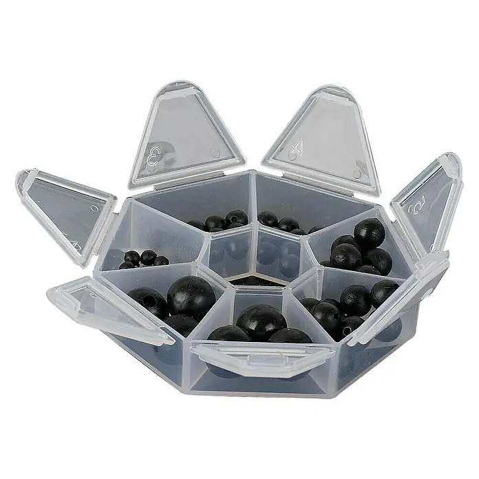 Westline Posenstopper Soft Rubber Beat Box - 66 -tlg. - Ein durchsichtiger Organizer mit verschiedenen Fächern, gefüllt mit schwarzen Perlen, einige Fächer sind offen.