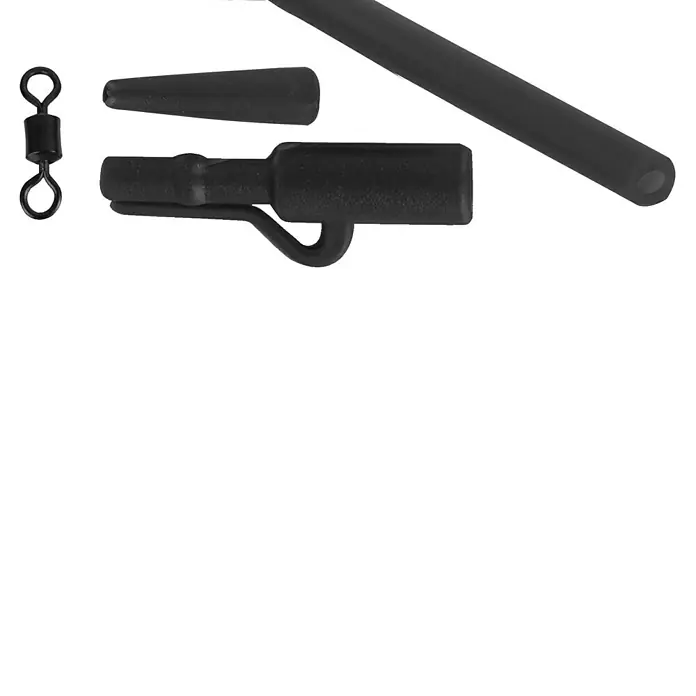 Westline Safety Lead Clip Rig Set - 10 -tlg. - Nahaufnahme verschiedener Angelzubehörteile in Schwarz, darunter ein Wirbel, eine Hülse und ein Schlauch zum Karpfenangeln.