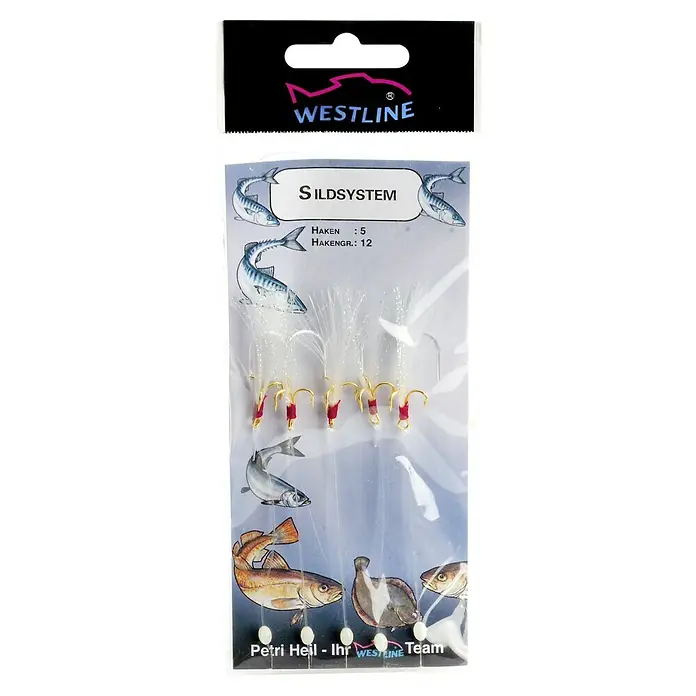 Westline Sildsystem - Größe Haken: 12, 5 Stk. - Eine Nahaufnahme einer Westline Sildsystem Angelköderpackung mit 5 Haken der Hakengröße 12, verpackt in einer durchsichtigen Plastikverpackung.