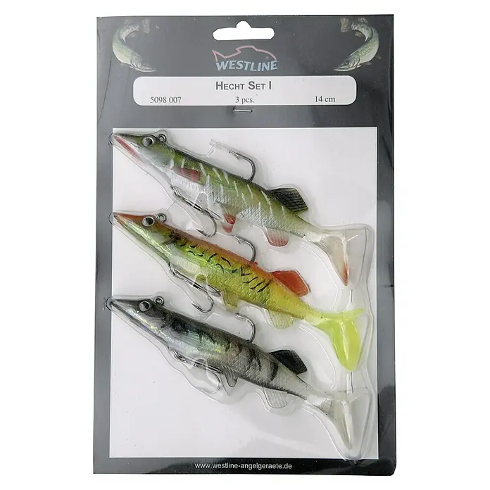 Westline Gummifisch-SetHecht, 3 Stk. - Produktfoto eines Westline Hecht Set I mit drei Kunstködern in verschiedenen Farben. Ideal für Angler zum Raubfischfang.