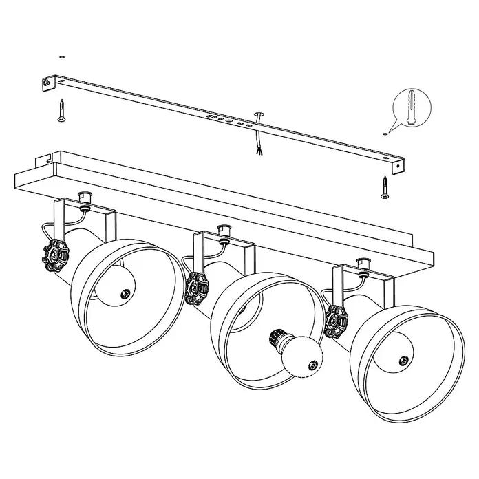 Eglo Barnstaple Deckenstrahler - 120 W, Schwarz, Stahl, E27 - Illustration einer Deckenleuchte mit drei Strahlern, ideal für Wohnräume mit modernem oder industriellem Design.