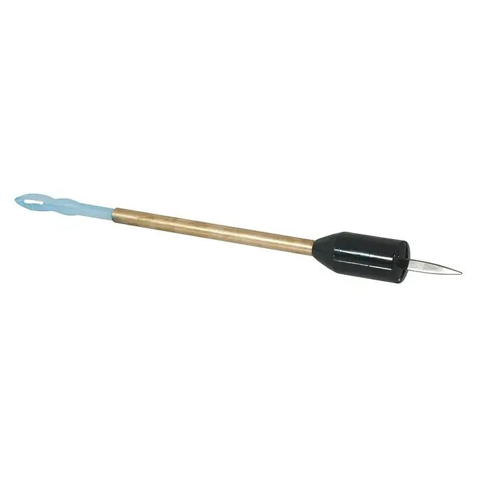 Westline Fischtöter 3 in 1 - Klingenlänge: 5 cm - Nahaufnahme eines Piercing-Werkzeugs mit blauem Griff, goldfarbenem Schaft und schwarzem Endstück mit einer scharfen Spitze.
