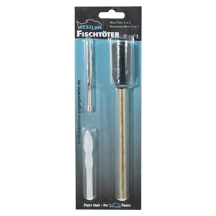 Westline Fischtöter 3 in 1 - Klingenlänge: 5 cm - Ein Westline Fischtöter Multi Tool 3 in 1 zur Betäubung und Tötung von Fischen, präsentiert in einer transparenten Verpackung.