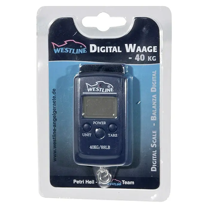 Westline Digitale Waage - Tragkraft: 40 kg - Eine Westline Digitalwaage zum Wiegen von Fischen bis zu 40 kg, verpackt und bereit für den Einsatz.