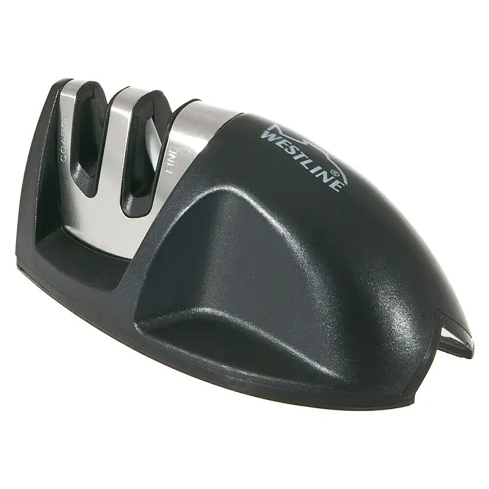 Westline Messerschärfer - L x B: 9,5 x 5 cm - Westline Messerschärfer mit zwei Stufen (grob und fein) zum Schärfen von Messern. Das Gerät ist schwarz und silber.