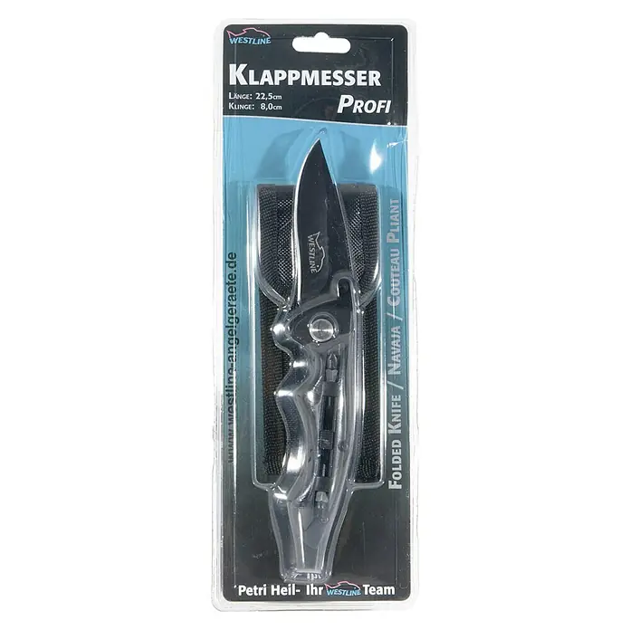 Westline Klappmesser Profi - Klingenlänge: 8 cm - Bild einer Westline Profi Klappmesser-Verpackung, mit Längenangaben und dem Westline-Logo, ideal für Outdoor-Aktivitäten.