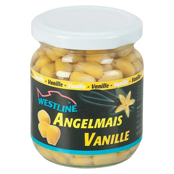 Westline Angelmais Vanille - 220 ml - Glas mit Westline Angelmais Vanille, einem Köder für Angler. Der Mais ist in einer Flüssigkeit konserviert und mit Vanillearoma versehen.