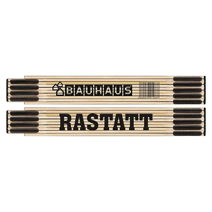 BAUHAUS Zollstock - RASTATT, 2 m - Das Bild zeigt einen Zollstock der Marke Bauhaus mit dem Aufdruck "Rastatt", ein nützliches Werkzeug für Handwerker und Heimwerker.