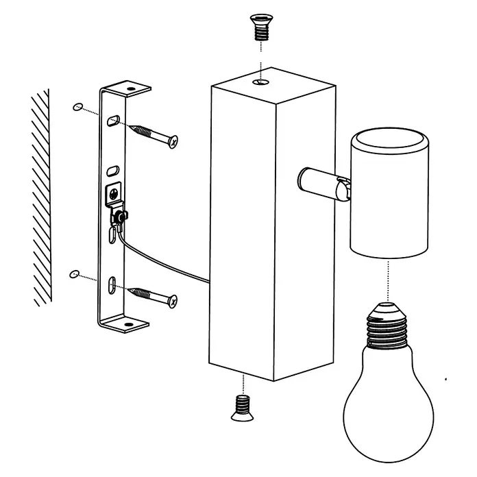 Eglo Townshend 3 LED-Wandleuchte - 10 W, Braun, Schwarz - Abbildung einer Wandleuchte mit Lampenschirm und Glühbirne, zur Installation an der Wand mit Schrauben.