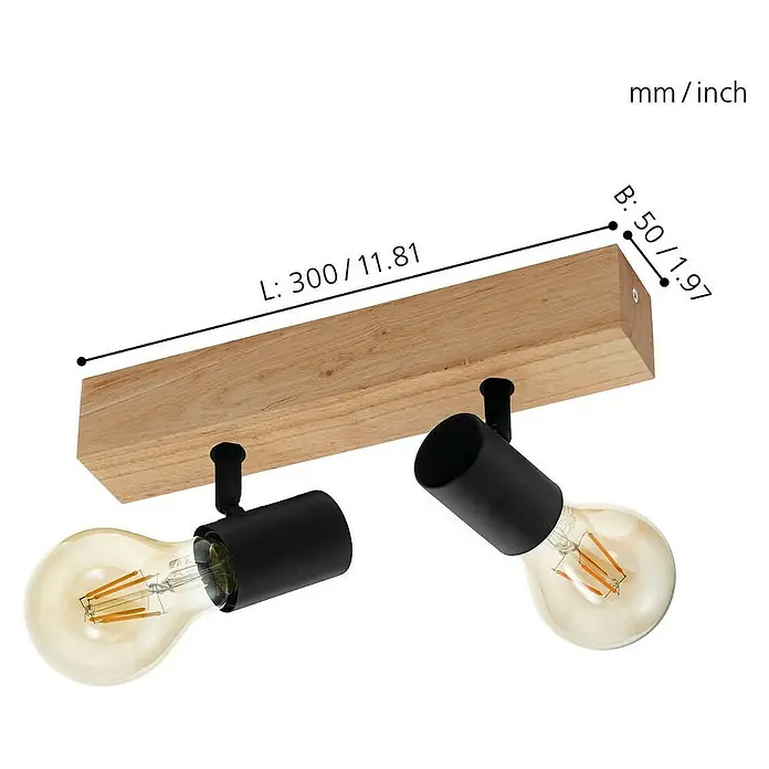 Eglo Townshend 3 Deckenstrahler - 120 W, L x B x H: 30 x 5 x 5 cm, Schwarz, Braun, E27 - Holzlampe mit zwei Glühbirnen und Maßangaben für Länge und Breite.