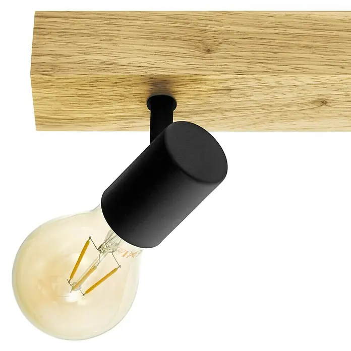 Eglo Townshend 3 Deckenstrahler - 180 W, L x B x H: 5 x 5 x 48 cm, Schwarz, Braun, E27 - Nahaufnahme einer LED-Deckenleuchte mit Holzsockel und schwarzem Strahler, die ein warmes, einladendes Licht ausstrahlt.