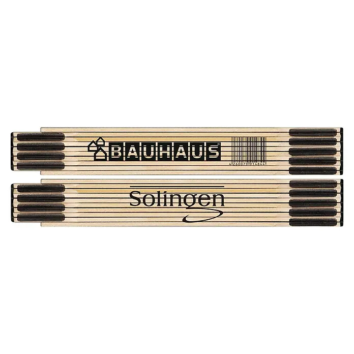 BAUHAUS Zollstock - SOLINGEN, 2 m - Zollstock, der die Logos von Bauhaus und Solingen zeigt, auf hellem Holz mit kontrastierenden schwarzen Akzenten.