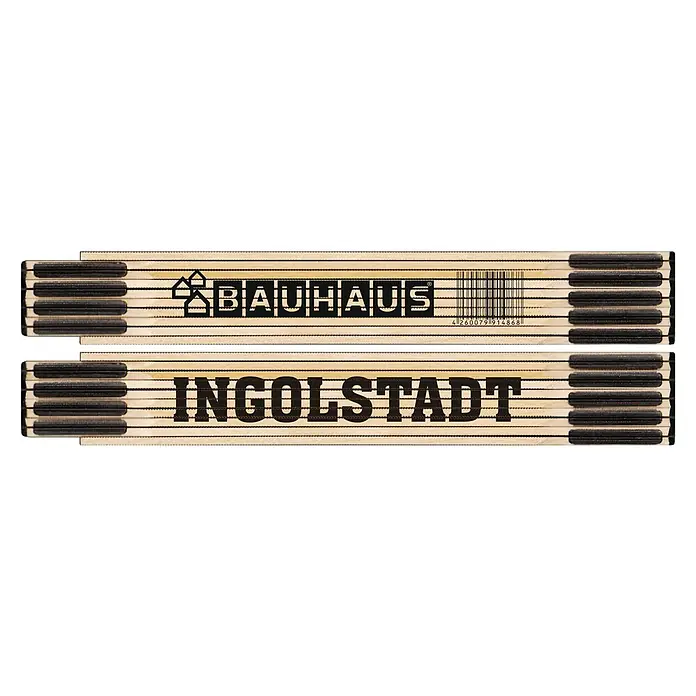 BAUHAUS Zollstock - INGOLSTADT, 2 m - Messlatte mit Bauhaus- und Ingolstadt-Logos. Ein nützliches Werkzeug für genaue Messungen und ein Muss für jeden Heimwerker.