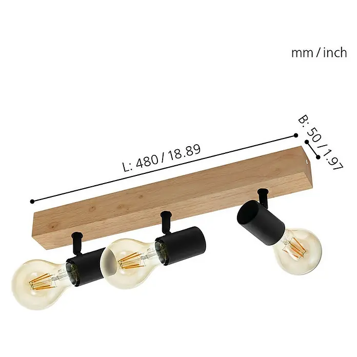 Eglo Townshend 3 Deckenstrahler - 180 W, L x B x H: 5 x 5 x 48 cm, Schwarz, Braun, E27 - Produktansicht einer stilvollen Deckenleuchte mit drei Edison-Glühbirnen und hölzerner Basis.