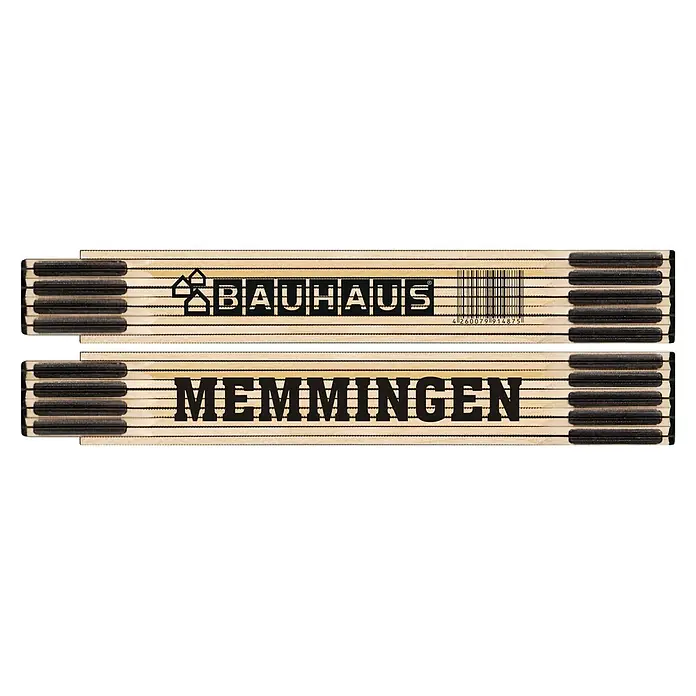 BAUHAUS Zollstock - MEMMINGEN, 2 m - Das Bild zeigt einen Zollstock mit dem Aufdruck "Bauhaus Memmingen", ein praktisches Werkzeug für präzise Messungen.