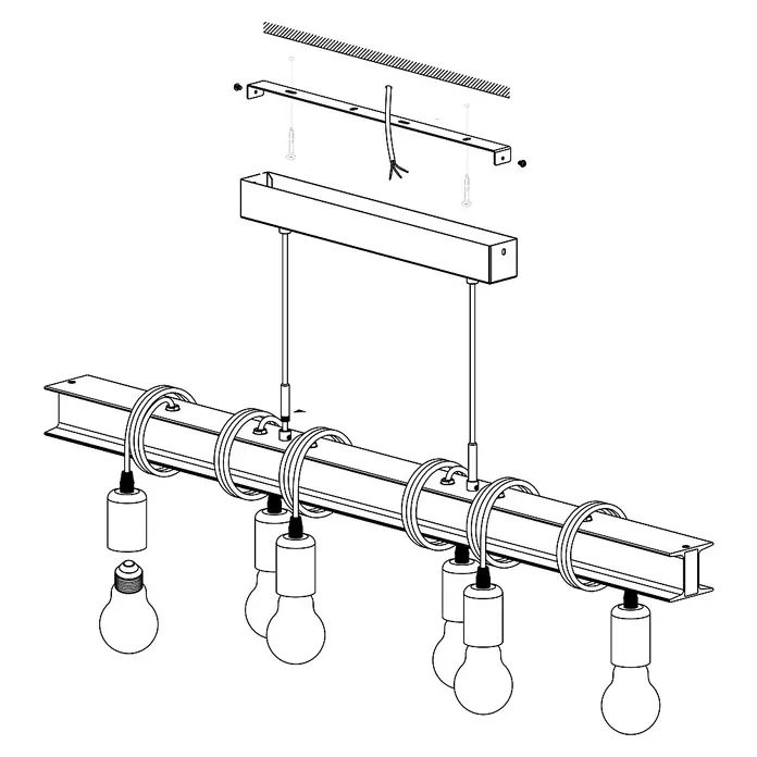 Eglo Townshend Pendelleuchte - B x H: 7 x 110 cm, Antik Braun, 360 W - Illustration einer stilvollen Hängelampe mit mehreren Glühbirnen. Das Design ist minimalistisch und modern.