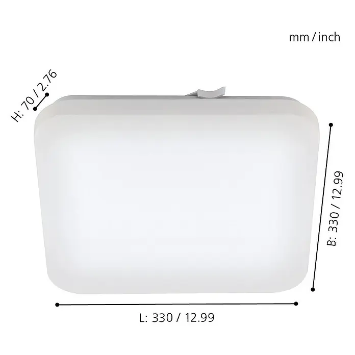 Eglo LED-Wand- & Deckenleuchte Frania - 17,3 W, L x B x H: 33 x 33 x 7 cm, Weiß - Produktbild mit Größenangaben eines rechteckigen, weißen Objekts: Höhe 70 mm, Länge und Breite je 330 mm.