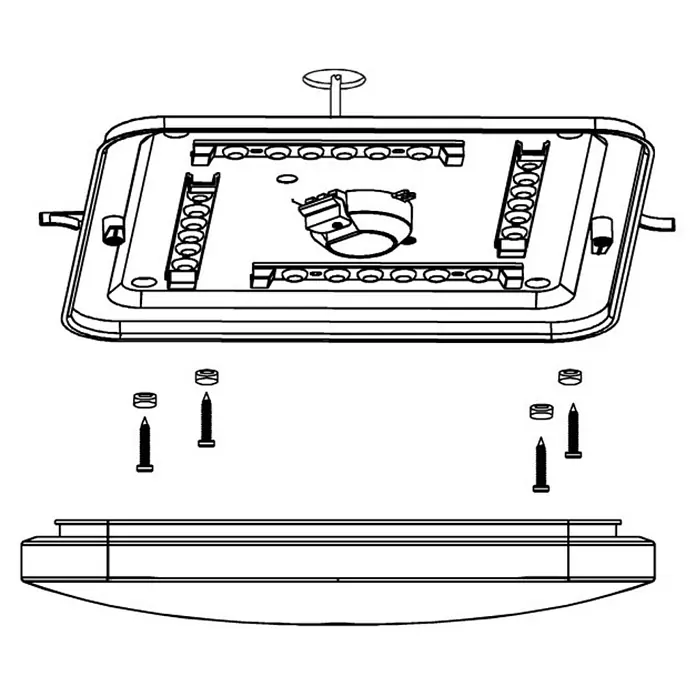 Eglo LED-Wand- & Deckenleuchte Frania - 17,3 W, L x B x H: 33 x 33 x 7 cm, Weiß - Eine Detailzeichnung einer quadratischen Deckenleuchte, die auseinandergenommen ist, mit Schrauben und Muttern.