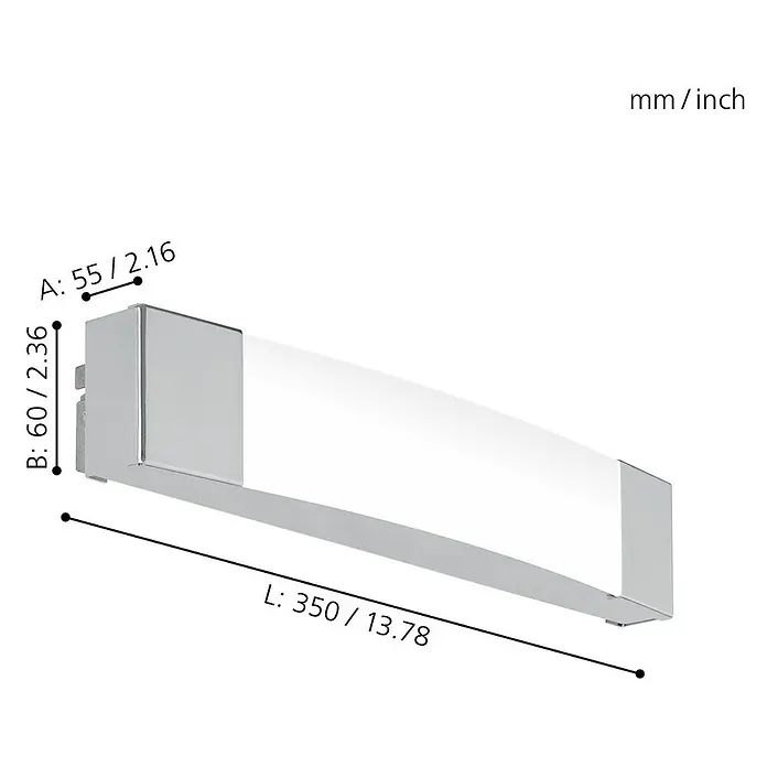 Eglo LED-Spiegelleuchte Siderno - 8,3 W, L x B x H: 5,5 x 35 x 6 cm, Weiß, Chrom, Neutralweiß - Abbildung einer modernen Wandleuchte mit den Maßen A: 55/2.16, B: 60/2.36 und L: 350/13.78 mm/Zoll.