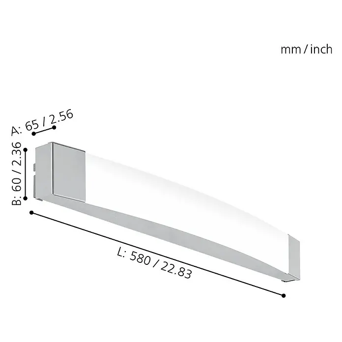 Eglo LED-Spiegelleuchte Siderno - 16 W, L x B x H: 6,5 x 58 x 6 cm, Weiß, Chrom, Neutralweiß - Abbildung einer Wandleuchte mit den Maßen 65/2,56 (A), 60/2,36 (B) und 580/22,83 (L) mm/Zoll zur genauen Größenangabe.