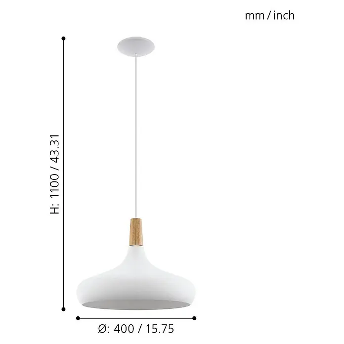 Eglo Pendelleuchte rund Sabinar - 60 W, Ø x H: 400 mm x 110 cm, Braun, Weiß, E27 - Ein stilvolle weiße Pendelleuchte mit Holzelementen, die sowohl modern als auch einladend wirkt, perfekt für jedes Interieur.