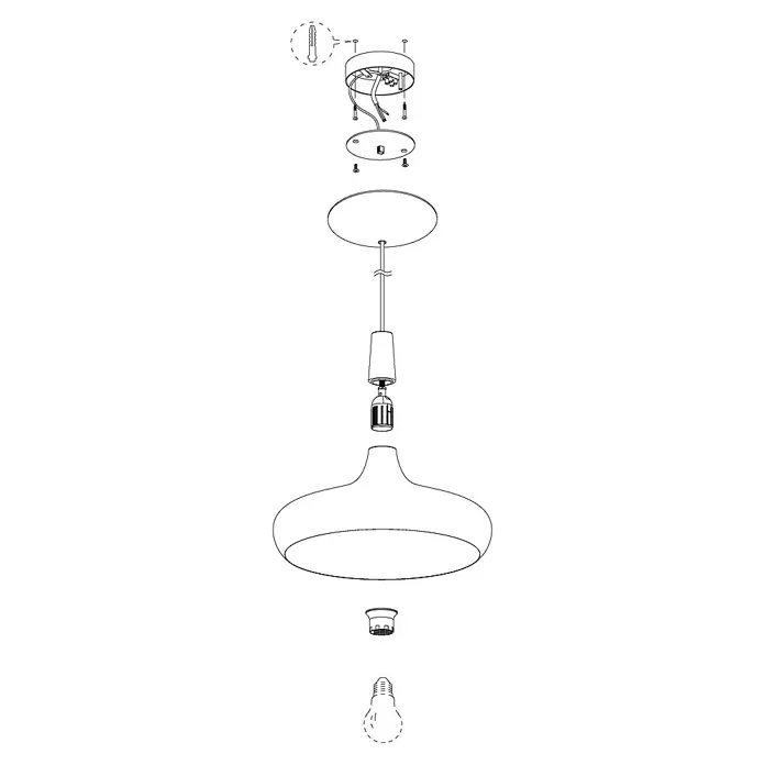Eglo Pendelleuchte rund Sabinar - 60 W, Ø x H: 400 mm x 110 cm, Braun, Weiß, E27 - Eine Explosionszeichnung einer Hängeleuchte, die ihre Komponenten in separaten Ebenen zeigt. Dies beinhaltet Deckenhalterung, Lampenschirm und Glühbirne.